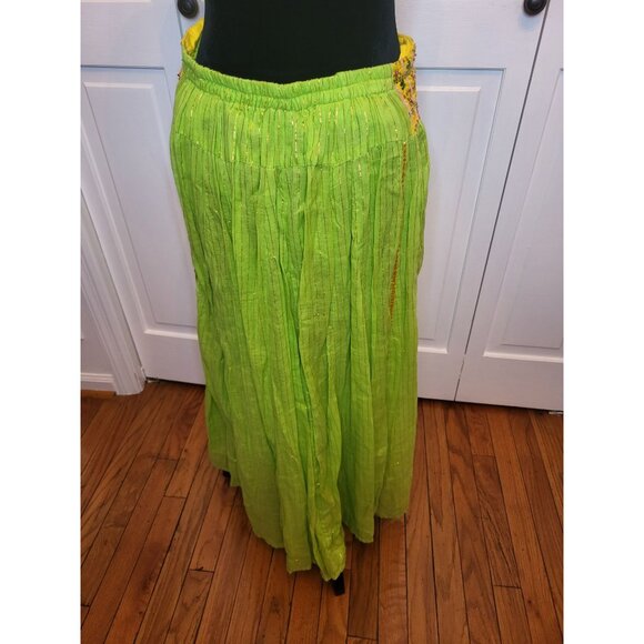 Green/Yellow Metallic Gold Jeweled Boho Midi Skirt L Hippie Gypsy Festival - Picture 2 of 9